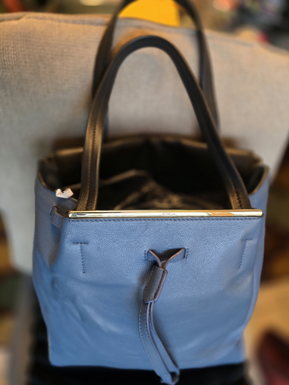 FURLA Leather Drawstring Tote Bag in Slate Blue - Picture 3 of 13